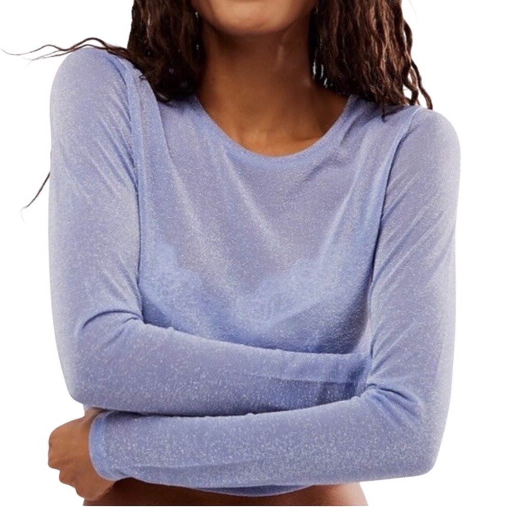 Free People Intimately Mesh So Well Layering Metallic Shimmer Top Blue, size M